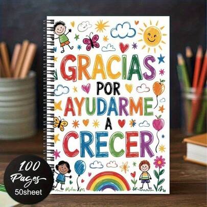 1 pieza Cuaderno de espiral con forma de corazón arcoíris A5 - Portada linda en español/inglés con sonrisas y corazones, para diario, regalos de maestros