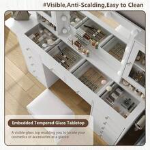 Yanosaku Tocador con Toma de Corriente, Tocador con Espejo y 10 Luces LED, Tocador de Maquillaje con 12 Cajones y 2 Gabinetes, Panel Plegable, Tocador con Superficie de Vidrio y Silla para Dormitorio - Blanco - Ver 10