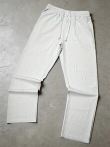 Men's White Linen Blend Loose Drawstring Casual Pants, Lightweight Summer Style (Thin Fabric May Wrinkle Easily And Have Slight Transparency, Please Refer To Size Chart) - White - View 10