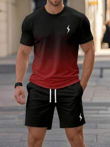KOVSEE 男士夏季运动套装（2件套），黑灰闪电印花渐变色短袖T恤，透气户外运动休闲日常跑步篮球足球T恤，健身服，送男友的礼物 - 紅色 - 查看 1
