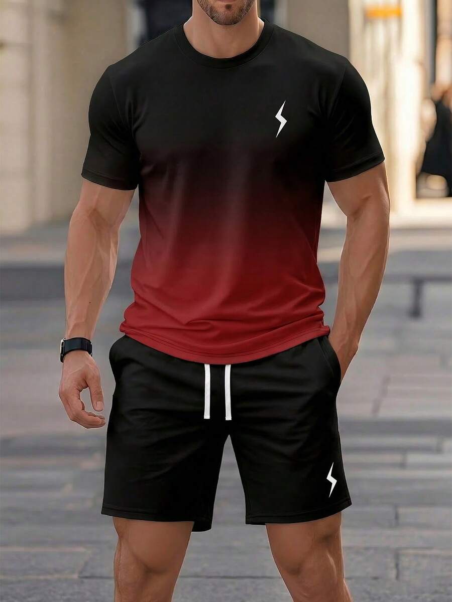 KOVSEE 男士夏季运动套装（2件套），黑灰闪电印花渐变色短袖T恤，透气户外运动休闲日常跑步篮球足球T恤，健身服，送男友的礼物 - 紅色 - 查看 1