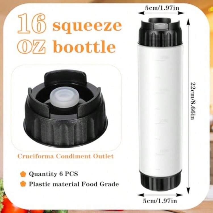 6 Pcs Inverted Ketchup Squeeze Bottle 16 Oz Refillable Condiment Squeeze Bottles Plastic Sauce Bottles Squeezes Tip Large Valve Dispenser For Restaurants Food Trucks Pancake Salad Squirt Black - 半透明,黑色蓋子 - 查看 2