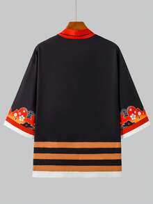 Japanese Style Red Cherry Blossom & Blue Wave Print 3/4 Sleeve Robe, Retro Loose Fit Sunscreen Cardigan, Men's Kimono Jacket - Black - View 3