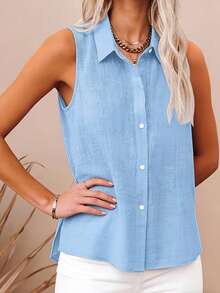 新款夏季无袖浅蓝色衬衫，单排扣翻领百搭通勤衬衫 - 淺藍 - 查看 3