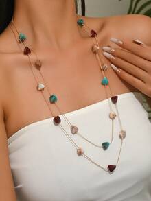 1件时尚优雅波西米亚风首饰，多种款式可选：水滴形树脂珠双层项链；彩色三角形树脂金链双层项链；彩虹圆形树脂金球DIY手工多层项链。适合日常佩戴、情人节、派对、度假等场合。树脂颜色和形状多样，轻微色差属正常现象，非常漂亮，请放心购买。 - 彩色 - 查看 2