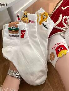 8双/4双装 女士可爱卡通汉堡、薯条、披萨图案趣味柔软透气吸湿休闲运动袜 - 彩色 - 查看 1