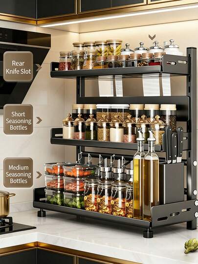 1 Kệ đựng gia vị bằng thép carbon để bàn, có khe cắm dao và móc treo, chống gỉ và chống thấm nước, dùng để đựng gia vị, lọ, chai, dụng cụ, lý tưởng cho quầy bếp, góc bếp, tủ bếp, tối đa hóa không gian theo chiều dọc (Màu đen mờ)