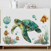 Summer Ocean Window Sticker, Self Adheisve Single Use Under Ocean Turtle Fish Glass Stickers Window Clings Wild Decals For Home Glass Door Office Decor 1pc - A - View 5