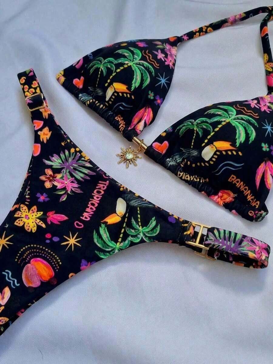 2026 Women's Beach Outfit, Tie-Up Halter Backless, Irregular Pattern Print Design, Metal Sun Pendant Decor, Elegant Bikini Two Pieces Suitable For Summer Beach Vacation, Beach Party And More - 黑色 - 查看 1