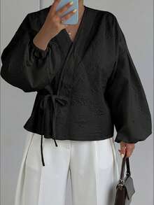 女士独特休闲长袖系带上衣，纯色涤纶系带黑色春季款 - 黑色 - 查看 8