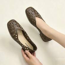 2026夏季新款女士镂空方头平底乐福鞋，透气软底套脚休闲鞋，百搭低帮凉鞋 - 棕色 - 查看 1