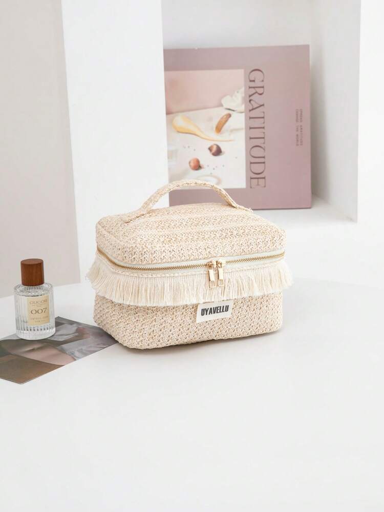1个/3个大容量化妆包，草编旅行洗漱包，流苏沙滩包，拉链便携旅行洗漱包，方便收纳包，旅行必备，返校用品，柔软布艺化妆包套装，时尚女士钱包和手提包，适合居家、旅行、度假和上学，卧室必备，伴娘礼物，母亲节礼物，生日礼物 - 白色 - 查看 8