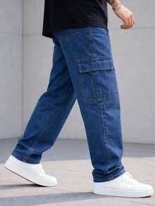 Men's Dark Denim Cargo Pants With Drawstring Waist And Slight Stretch, Unisex Long, Loose-Fitting Casual Streetwear Skate Pants. - 深色牛仔褲 - 查看 6