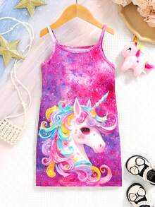1 件女童可爱休闲彩色独角兽印花柔软防褪色细肩带连衣裙，春夏 - 玫紅色 - 查看 1