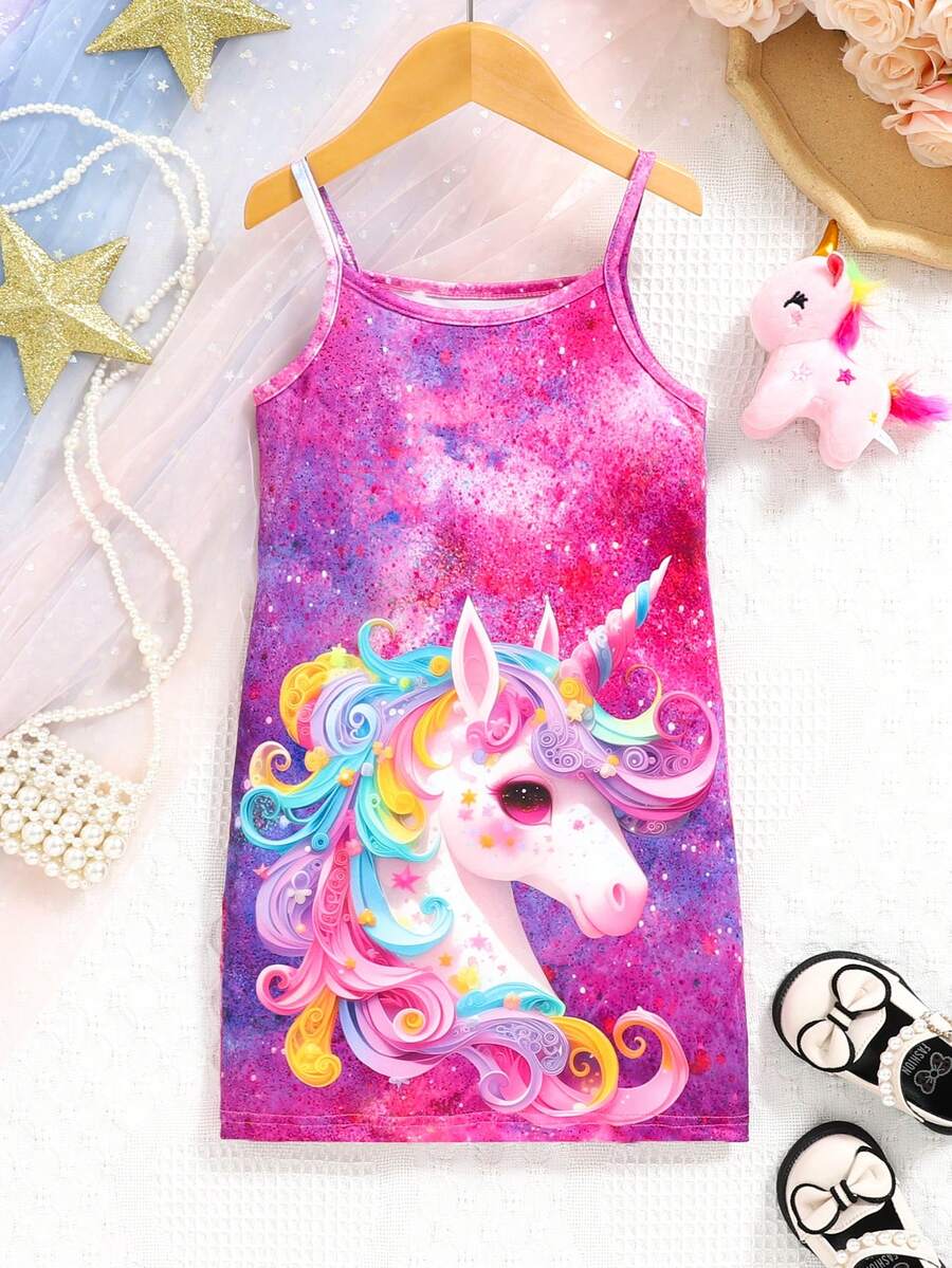 1 件女童可爱休闲彩色独角兽印花柔软防褪色细肩带连衣裙，春夏 - 玫紅色 - 查看 1