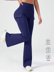 High Waist Slim Fit Flared Yoga Pants With Pockets, Casual Sports Trousers For Women Spring - Navy Blue - View 6