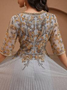 Gray V-Neck Beaded Embroidery Pleated Gown - Silver - View 6