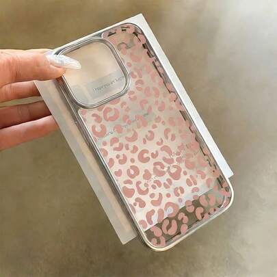 1 pieza Funda de teléfono con estampado de leopardo rosa de alta transparencia y metalizado plateado de lujo, adecuada para iPhone 17 Pro Max/16 Pro Max/15 Pro Max/17 Pro/17/16/15/14/13/12/11 Funda protectora