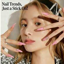 1 Box (24pcs) Pink & Gold Flower Cluster False Nails, Essential For Daily Wear And Dates - Multicolor - View 3