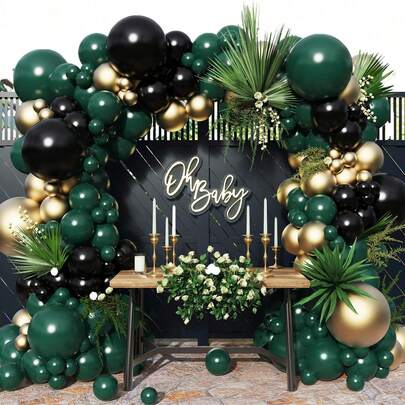 116pcs Elegant Balloon Garland Kit In Black, Green & Golden - Metallic Shades For Weddings, Birthdays, Showers, Jungle Safari & Holiday Celebrations