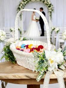 Giỏ hoa lớn màu trắng cho bé gái cầm hoa, kèm nơ ruy băng satin, thích hợp làm hoa cầm hoa trong đám cưới. - 1PC - Xem 1