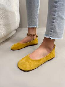 1 Đôi giày bệt đế mềm thoải mái mới, giày da lộn tối giản cổ thấp cho bé gái tuổi teen, giày cổ thấp màu vàng tươi tắn - gừng - Xem 2