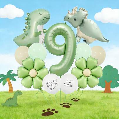 1 Set Matcha Green Dinosaur Theme Party Balloon Kit, Includes 40-Inch Number Foil Balloon, 27-Inch Tyrannosaurus Rex, 22-Inch Triceratops Shaped Balloon, 20-Inch Floral Decor Balloon, 12-Inch Light Green Macaron Balloon, Suitable For Son/Daughter's Birthday Gift, Dinosaur Theme Party, 1st Birthday Decoration, Kindergarten Holiday Event, Home Celebration Decor