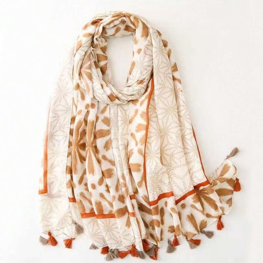 1条简约棉麻印花围巾，新款女士丝巾，春夏防晒沙滩披肩，时尚头巾，女士长款围巾披肩 - 彩色 - 查看 1