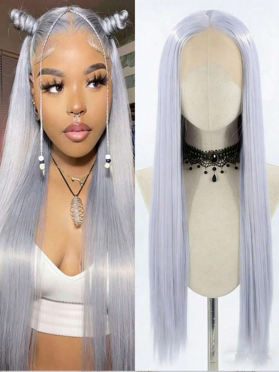 Tóc giả dài thẳng màu xám khói dành cho nữ, chất liệu tổng hợp, kiểu ren phía trước, đường chân tóc tự nhiên 13*4, tóc giả màu xám bạc phù hợp cho sử dụng hàng ngày, dự tiệc và cosplay.