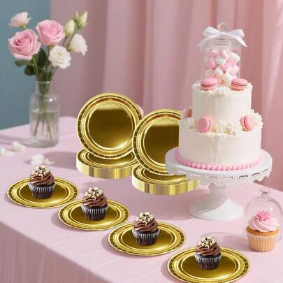 Gold Paper Tableware, Salad Plates, Dessert Plates, Party Plates, 7-Inch And 9-Inch Sizes Available, Easy To Clean, Suitable For Cakes, Desserts, Salads, Burgers, Sandwiches, Appetizers, Fruits, Food Serving, Birthday Parties, Weddings, Outdoor Camping, Easter