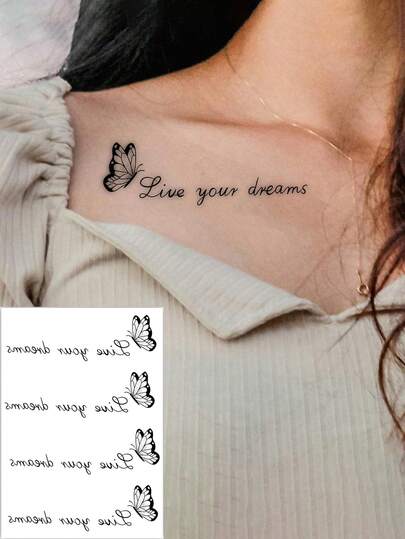 这款临时纹身贴纸印有励志英文短语“实现你的梦想”，设计简约优雅，适合贴在手臂、锁骨等部位，也适合节日、派对和日常佩戴。