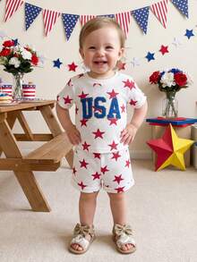 2Pcs  Toddler Baby Boy 4th Of July Outfit Toddler Boy Fourth Of July Clothes Memorial Usa American Flag Tshirt Shorts Set, Fourth Of July Baby Boy Girl Outfit, Toddler Baby Boy Girl Memorial Day Outfit - 紅色 - 查看 2