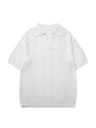 Men's Casual Asymmetrical Hollow Out Loose Fit Polo Collar Half-Placket Short Sleeve Knit Top, Comfortable Streetwear For Spring/Summer, White