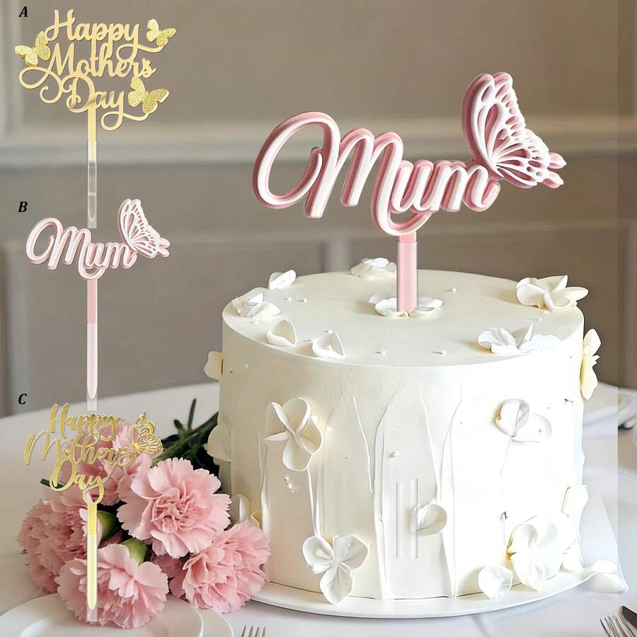 1 cái/3 cái Phụ kiện trang trí bánh hình bướm lấp lánh màu vàng và hồng, thích hợp cho Ngày của Mẹ và tiệc sinh nhật của mẹ. - nhiều màu - Xem 1