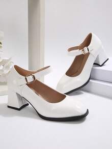 女士方头粗跟玛丽珍鞋，单带中跟，通勤及校园百搭鞋款 - 白色 - 查看 4