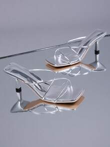 1 Pair Plus Size Silver High Heel Sandals For Teenage Girls, Solid Color Soft Criss-Cross Strap, Square Toe Stiletto Heel, Casual Beach Wedge Slippers, Suitable For Daily, Vacation, Spring/Summer - Silver - View 2
