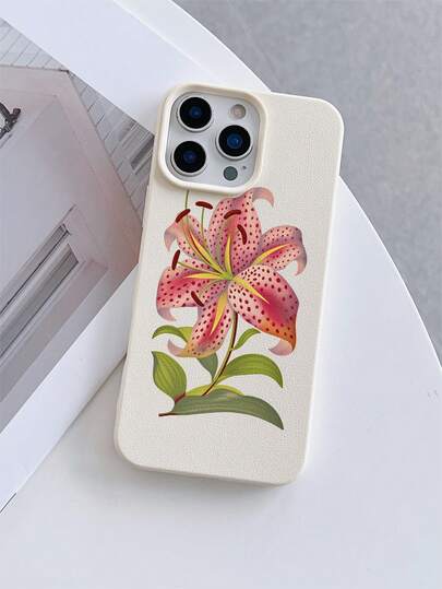 1个白色荔枝纹理防震TPU手机壳，UV印刷粉色百合花图案保护套，适用于 7/8/7 Plus/8 Plus/X/XS/XR/XS Max/11/11 Pro/11 Pro Max/12/12 Pro/12 Pro Max/12 Mini/13/13 Pro/13 Pro Max/13 Mini/14/14 Pro/14 Pro Max/14 Plus/15/15 Pro/15 Pro Max/15 Plus/16/16 Pro/16 Pro Max/16 Plus/17/17 Pro/17 Pro Max/Air