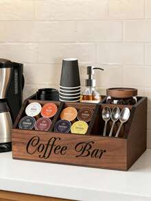 1PC Wooden Coffee Bar Organizer With 5 Compartments, Rustic Countertop Storage Box For Coffee Pods, Capsules, Cups, Spoons And Accessories, Farmhouse Kitchen Decor For Coffee Station - Multicolor - View 1