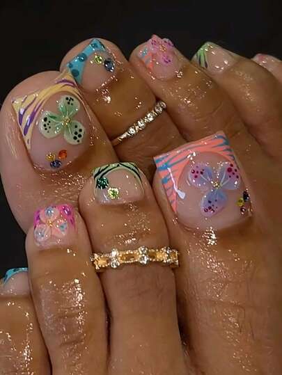 French Floral Acrylic Toenails 24Pcs Short Square Press On Toenails, DIY Artistic Colorful Zebra-Print 3D False Toenail Set, Decorated With Colorful Rhinestones And Gold Beads, Suitable For Girls And Women – Nail Accessories For Everyday Wear And Holiday Party Decorations Or Gifts