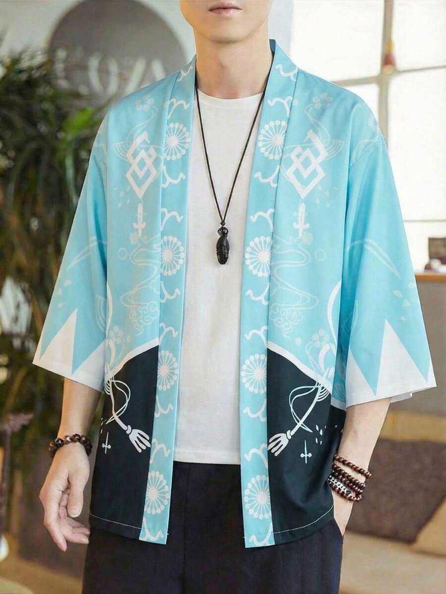 Anime Inspired Kimono Jacket, 3/4 Sleeve, Loose Fit, Windbreaker, Blue-Green Japanese Style - Mint Blue - View 1