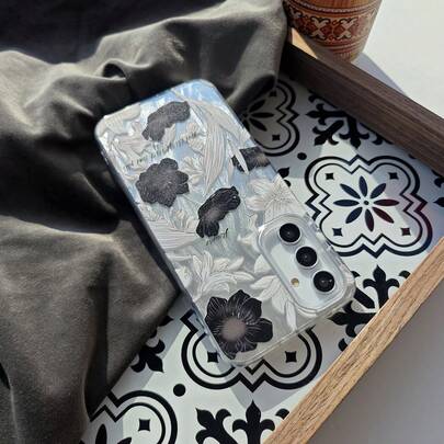 Grått & svart blommigt telefonskal, söt och fräsch stil för kvinnor, IMD-stötsäkert över hela kroppen, silverfärgad garntonad fjädervåg, silverlaserglansande konstdesign, internationell version, kompatibel med Galaxy A/S/Plus/Ultra, Reno Pro, Y, Honor Lite X, Note, Transmission Smart Hot Pop Spark