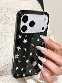 Phone Case: Black Cool White Star Grid Full Screen Pattern Phone Case Compatible With IPhone 17 Pro Max Air 16 15 14 13 12 11 Pro Max Plus Mini Girl Minimalist Stylish Personalized Gloss Shockproof Protective Cover - Black - View 2
