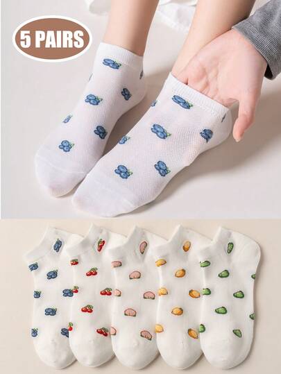 5双装女士水果印花网眼短袜，可爱透气夏季低帮袜，适合日常穿着