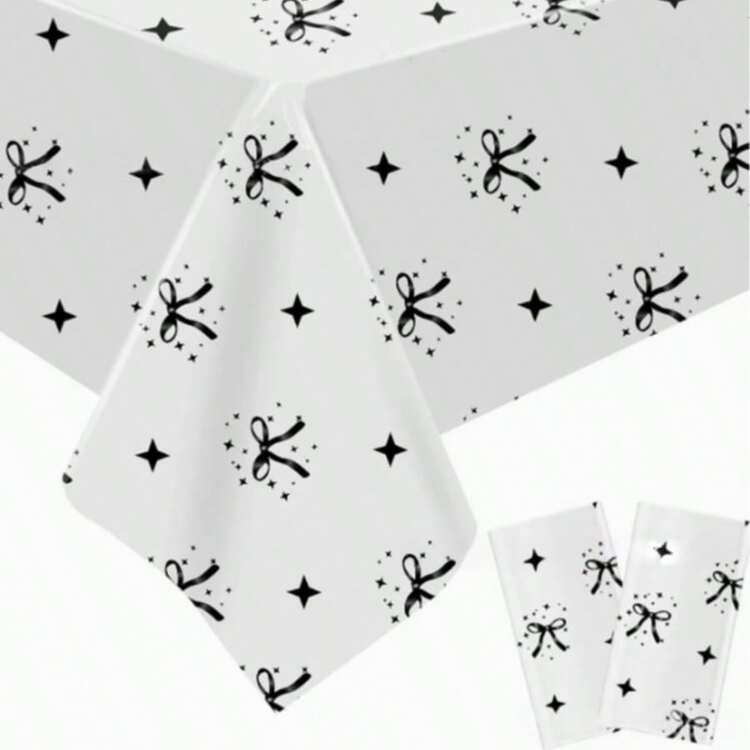 137*274厘米/53.94*107.87英寸派对装饰PE材质防水防油一次性桌布，时尚个性化白色背景黑色蝴蝶结图案桌布，适用于各种主题派对和日常装饰，可用作背景幕布/野餐垫 - 黑與白 - 查看 3