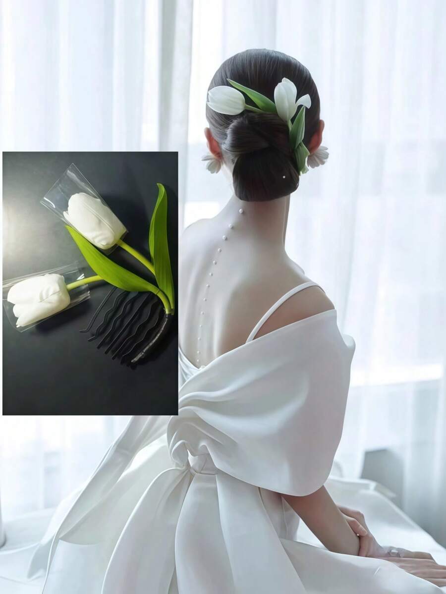 1个仿真花发夹，沙滩拍照道具，波西米亚风头饰，适合派对、婚礼 - 白色 - 查看 1