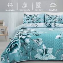 Blue Floral Quilt Set Queen 3 Pieces Boho Flower Quilt Coverlet Set Soft Microfiber Lightweight Floral Quilted Bedspread with 2 Pillow Shams for All Season 90"x96" - Agua - Ver 4