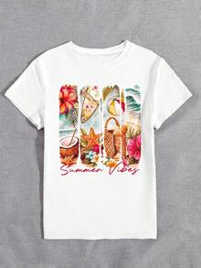 DEAR MOLLY Summer Beach Themed Print Round Neck Short Sleeve T-Shirt, Suitable For Parties, Gatherings And Various Occasions, All-Season, An Ideal Gift For Mom Casual Vacation White - 白色 - 查看 4