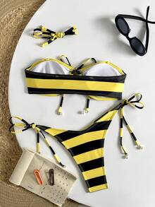 Bộ bikini 2 mảnh kẻ sọc thanh lịch không lưng kèm phụ kiện mặt dây chuyền đính hạt, bộ bikini đi biển. - Nhiều màu - Xem 4