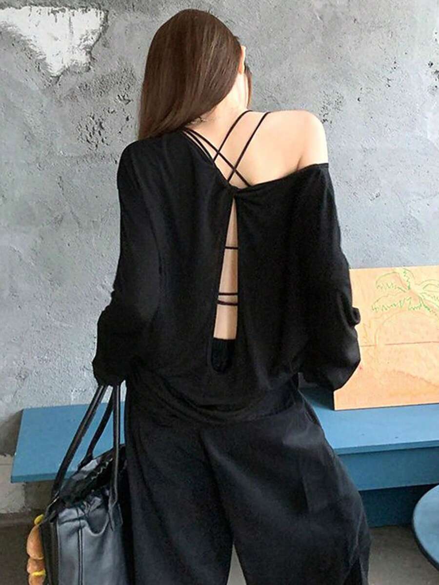 Loose Fit Hollow Back Long Sleeve T-Shirt For Women, Lightweight, Breathable, Sun Protection Spring Casual Black - Black - View 1