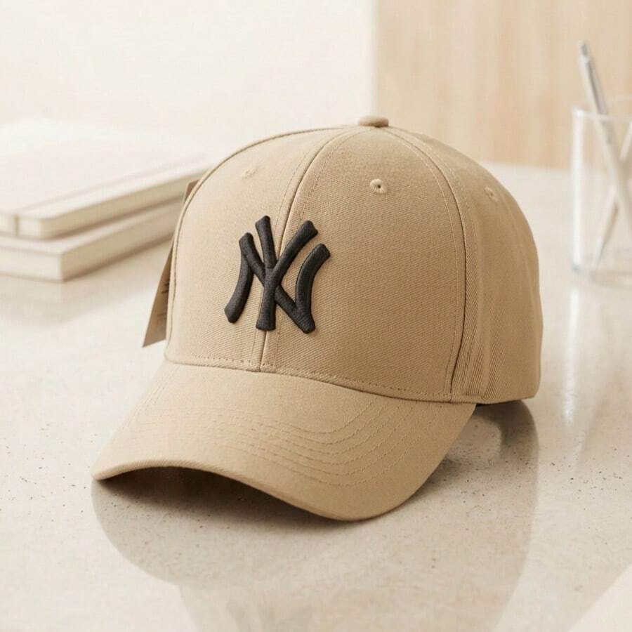 New York Curved Brim Baseball Cap With Embroidery, Premium Style, Men's And Women's, With Ribbon, Street Lettering, Embroidered Fabric. - 黑色卡其色 - 查看 1